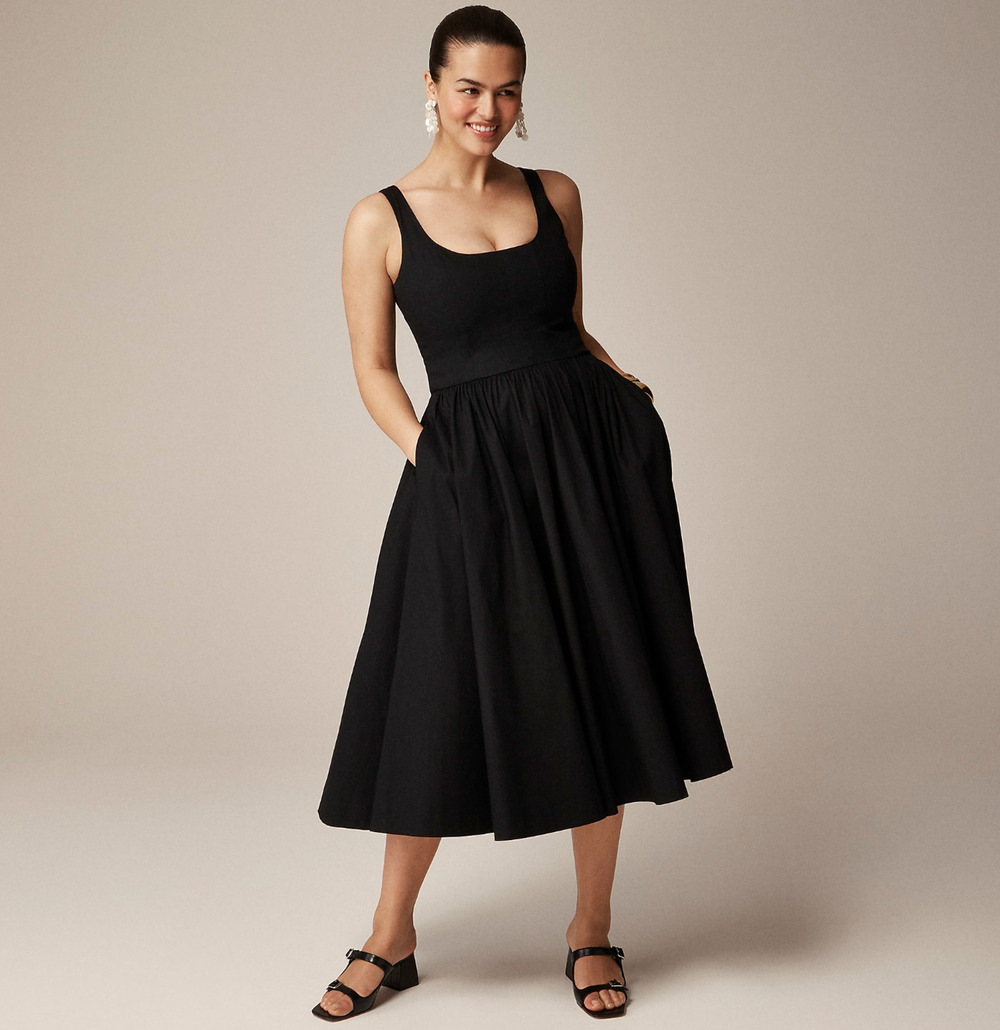 J. Crew | Dresses | Jcrew Fit And Flare Midi Dress Cotton Poplin Minimalist A Line Black Us 0 Nwt